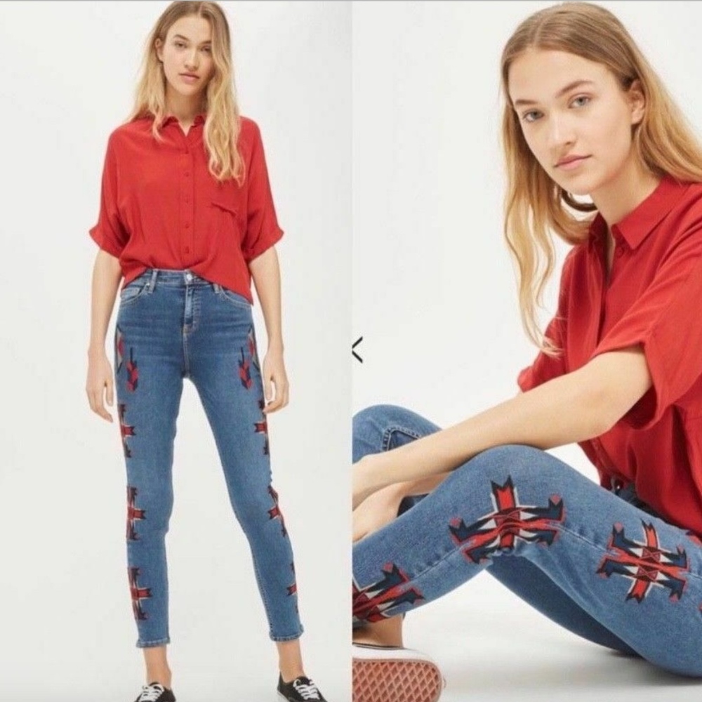 NWT Topshop Jamie High-Waist Embroided Skinny‎ jean